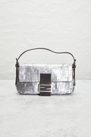 FWRD Renew Fendi Vintage Sequined Baguette Shoulder Bag in Metallic Silver