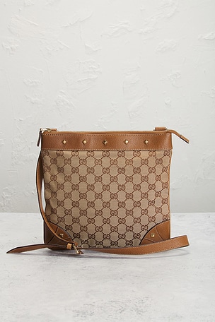 FWRD Renew Gucci Studded Nailhead Flat Messenger Bag in Beige