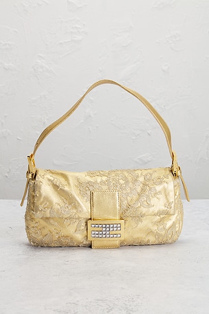 FWRD Renew Fendi Lace Baguette Shoulder Bag in Metallic Gold