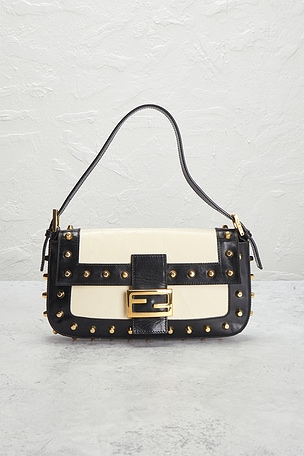FWRD Renew Fendi Studded Baguette Shoulder Bag in Black