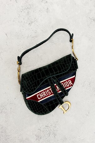 FWRD Renew Dior Velvet Crocodile Effect Saddle Bag in Green