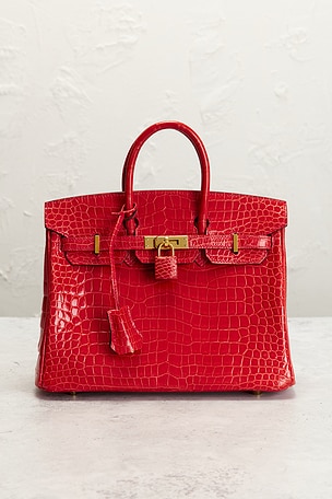 FWRD Renew Hermes Shiny Porosus Crocodile Birkin 25 Handbag in Red
