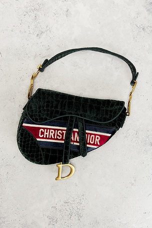 FWRD Renew Dior Velvet Crocodile Effect Saddle Bag in Green