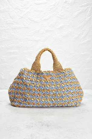 FWRD Renew Prada Raffia Tote Bag in Blue,Brown