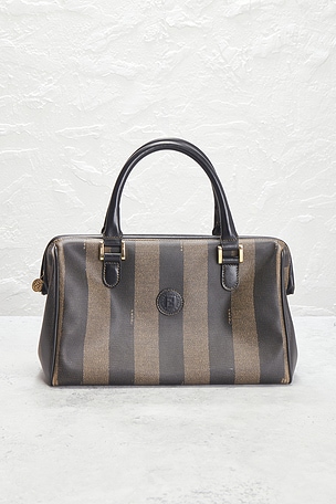 FWRD Renew Fendi Pequin Boston Bag in Beige