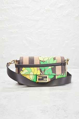 FWRD Renew Fendi Nubuck Pequin Floral Baguette Shoulder Bag in Brown