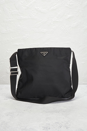 FWRD Renew Prada Tessuto Flat Messenger Bag in Black
