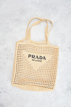 FWRD Renew Prada Raffia Tote Bag in Beige