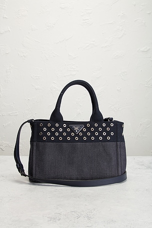 FWRD Renew Prada Studded Denim Canapa Tote Bag in Blue
