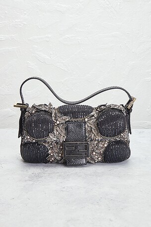 FWRD Renew Fendi Beaded Baguette Shoulder Bag in Grey,Black