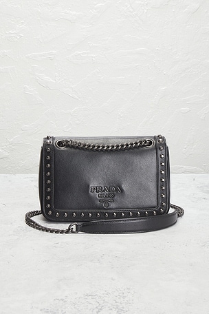 FWRD Renew Prada Glace Calfskin Studded Crossbody Bag in Black
