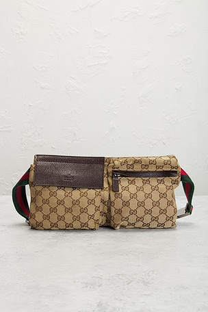 FWRD Renew Gucci Double Pocket Belt Bag in Beige