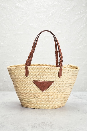 FWRD Renew Prada Vitello Woven Raffia Basket Tote Bag in Neutral