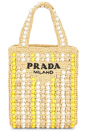 Prada Raffia & Wood Beaded Tote Bag FWRD Renew