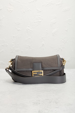 FWRD Renew Fendi Shearling Baguette Shoulder Bag in Grey