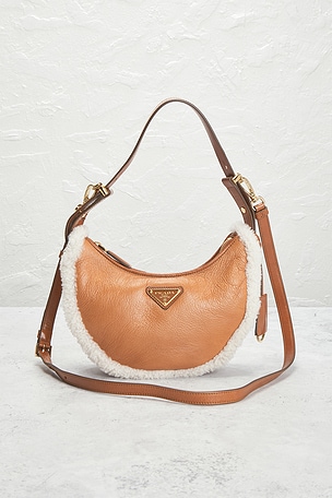 FWRD Renew Prada Shearling Arque Shoulder Bag in Tan