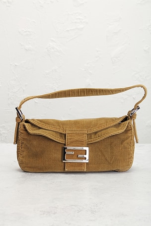 FWRD Renew Fendi Corduroy Baguette Shoulder Bag in Tan