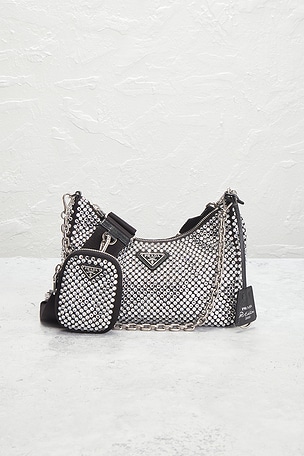 FWRD Renew Prada Crystal Satin Re-Edition 2005 Shoulder Bag in Metallic Silver