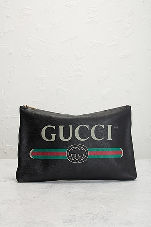 FWRD Renew Gucci Logo Portfolio Clutch in Black