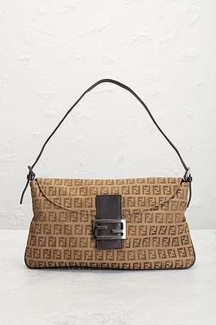 FWRD Renew Fendi Zucchino Baguette Shoulder Bag in Brown