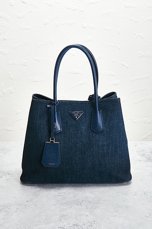 FWRD Renew Prada Denim Saffiano Double Tote Bag