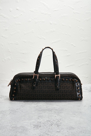 FWRD Renew Fendi Zucca Studded Barrel Shoulder Bag in Black
