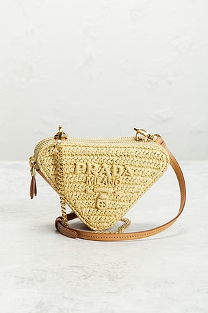 FWRD Renew Prada Raffia Mini Triangle Shoulder Bag in Beige