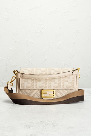 FWRD Renew Fendi Vitello King FF Embroidered Mini Baguette Shoulder Bag in Beige