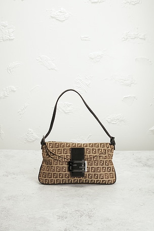 FWRD Renew Fendi Zucchino Baguette Shoulder Bag in Brown