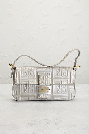 FWRD Renew Fendi Logo Embossed Baguette Shoulder Bag in Metallic Silver