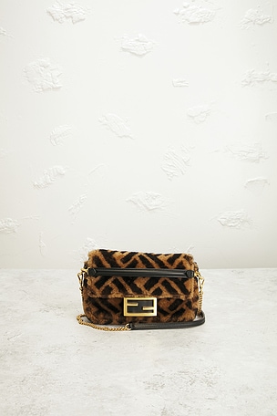 FWRD Renew Fendi Shearling Vitello Dolce Macro FF 1974 Mini Baguette Shoulder Bag in Brown