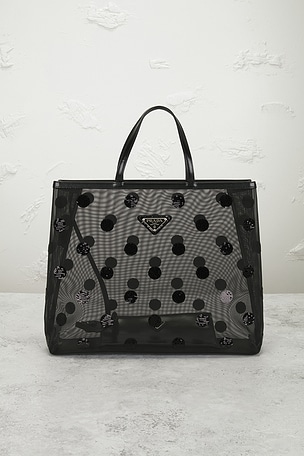 FWRD Renew Prada Polka Dot Sequined Mesh Tote Bag in Black