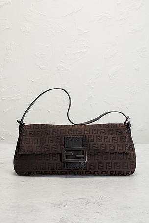 FWRD Renew Fendi Zucchino Baguette Shoulder Bag in Brown