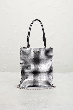 FWRD Renew Prada Crystal Embellished Satin Tote Bag in Metallic Silver