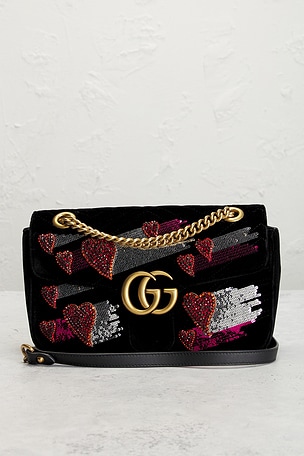 FWRD Renew Gucci Embellished Velvet GG Marmont Shoulder Bag