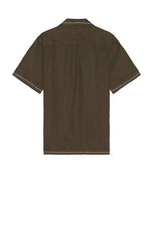 Frescobol Carioca Flavio Palmeira Embroidered Linen Shirt in Olive