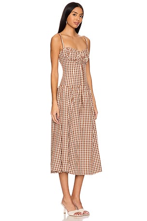 For Love & Lemons Gingerbread Gingham Midi Dress in Brown