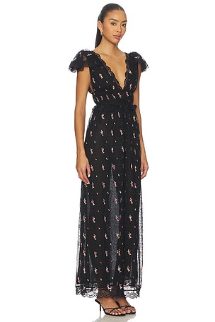 For Love & Lemons Poppy Pleated Lace Maxi Dress in Black