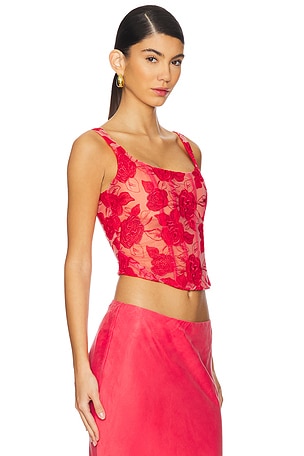 For Love & Lemons Embroidered Roses Bustier Top in Red