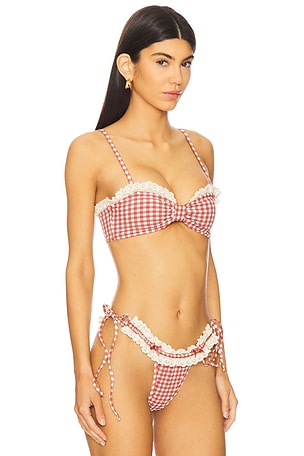 For Love & Lemons Gingham Bandeau Bikini Top in Brick