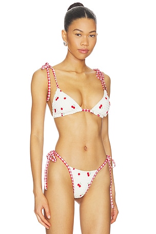 For Love & Lemons Beaded Cherries Bikini Top in Cream,Red. Size M. Also