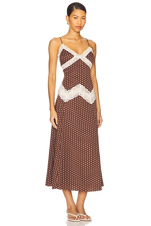 Frankies Bikinis Ethereal Satin Maxi Dress in Chocolate. Size XS. Also