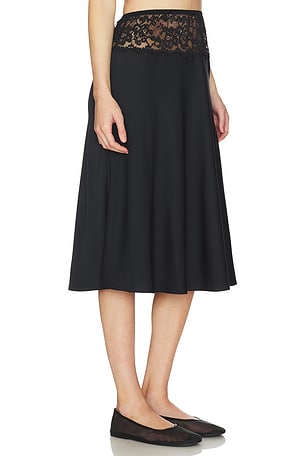 Frankies Bikinis Harper Satin Midi Skirt in Black. Size XXS. Also