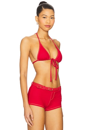 Frankies Bikinis Paradise Denim Bikini Top in Red. Size XS. Also