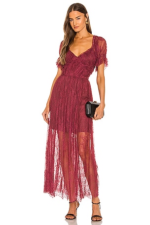 BCBGMAXAZRIA Tiered Polka Dot Gown in Rosso REVOLVE