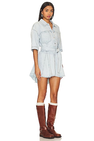 Free People x We The Free Jenny Denim Tunic Dress In Light Indigo Combo in Denim-Dark