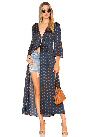 FREE PEOPLE Alexa Navy Blue Long Pattern Duster/Dress Size Small EUC $128 on sale MSRP