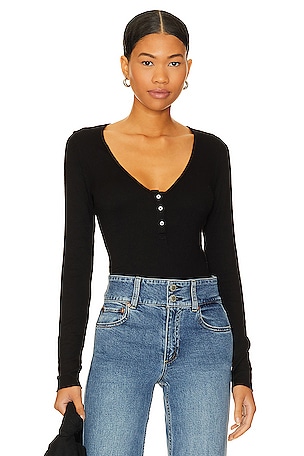 Free People Close Call Duo Bodysuit Black Long Sleeve V Neck XS