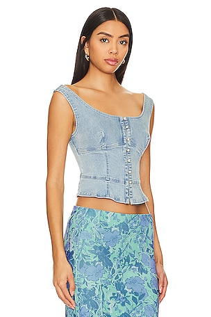 Free People Sally Denim Corset Top In Daylight Sky Combo in Blue