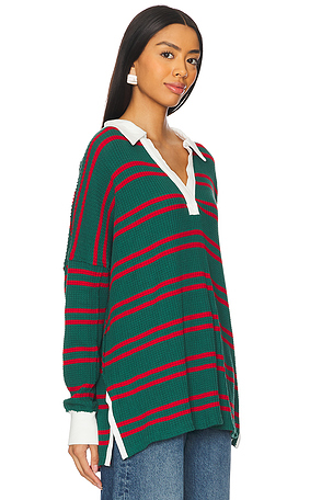 Free People x We The Free Striped Travis Polo Tee in Dark Green